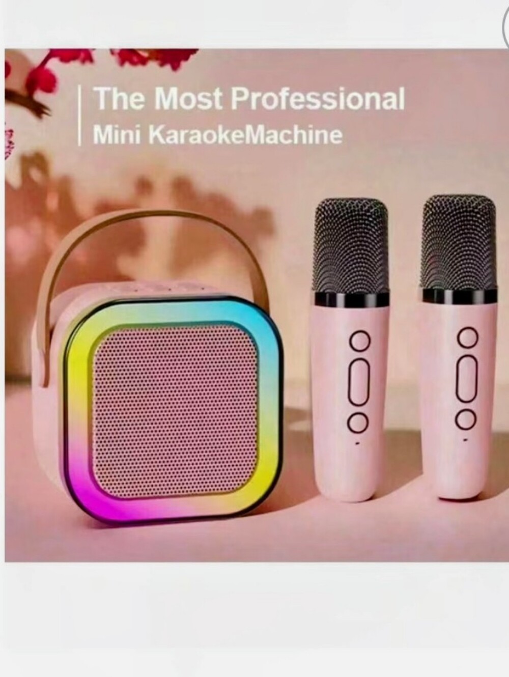 Portable Mini Karaoke Speaker with Dual Pink Microphones and LED Accent